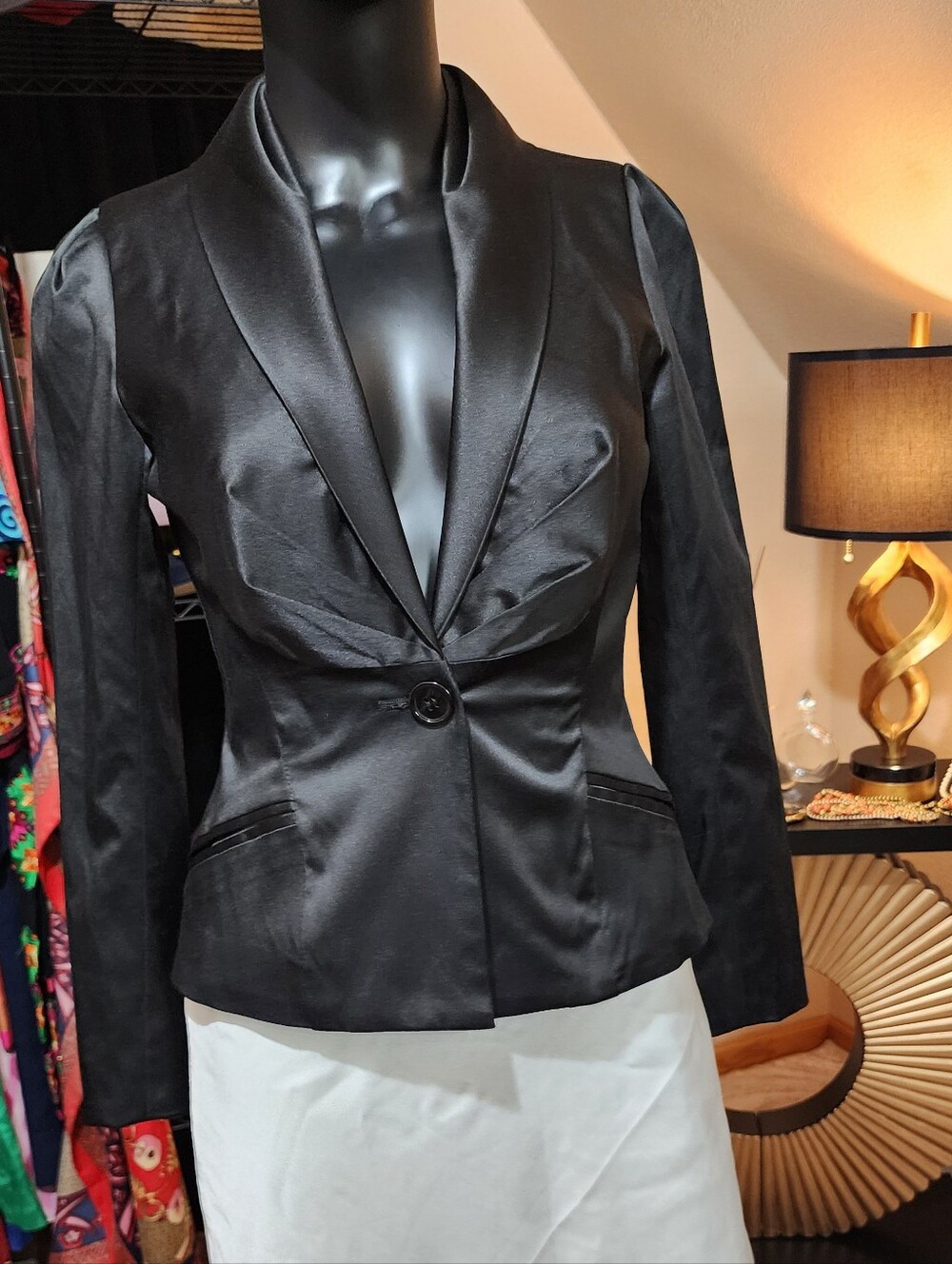Yoana Baraschi Black Satin One-Button Shawl Lapel Blazer